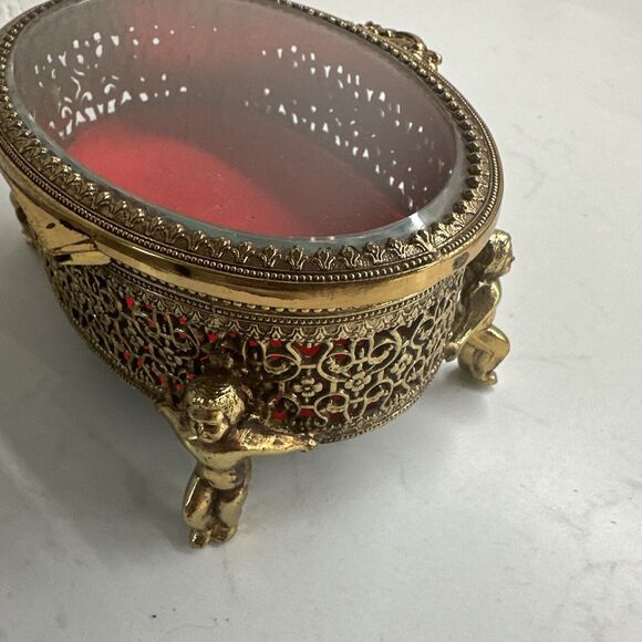 Vintage Ormulu Cherub Vanity Footed Jewelry Trinket Brass Box With Glass Top NIB - Picture 7 of 16